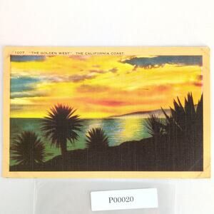 Vintage 1943 Linen Postcard The Golden West California Coast Sunset Palms Beach